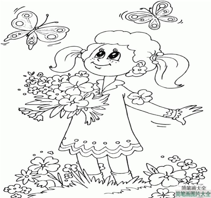 爱花的小女孩简笔画  第1张