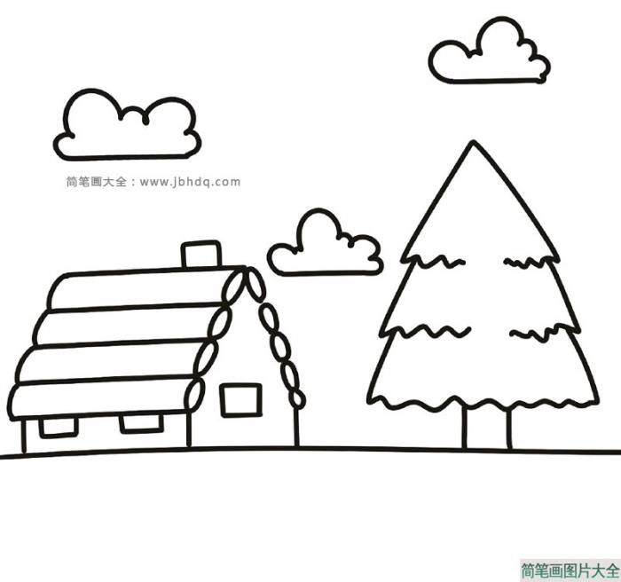 漂亮的小木屋风景简笔画  第1张