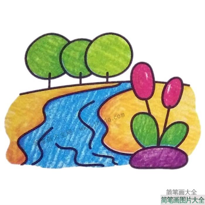 漂亮的河畔风景简笔画图片  第2张