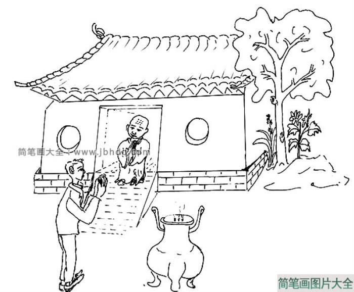 清明节情景简笔画_寺庙进香