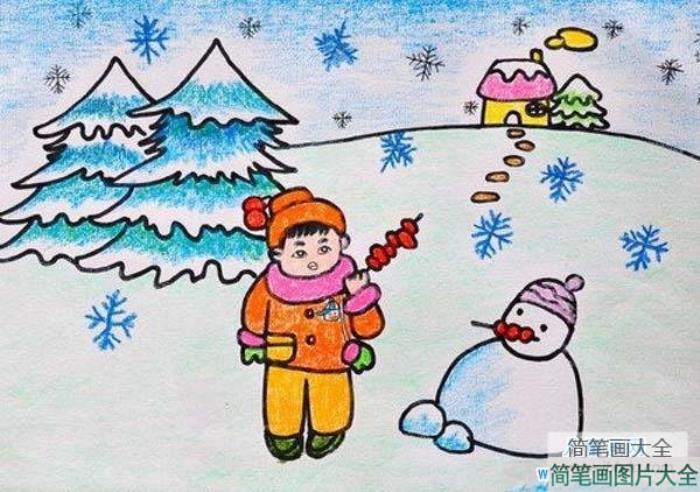 小学儿童蜡笔画获奖作品：冬天里的雪人  第1张