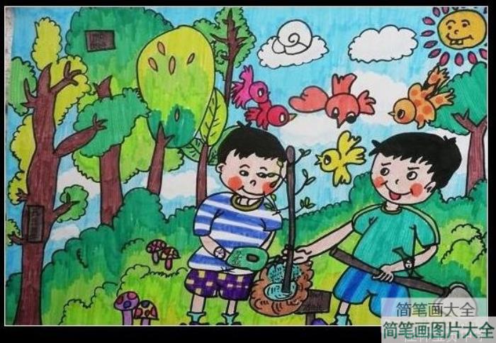 两个种树的小男孩植树节儿童画教师范画