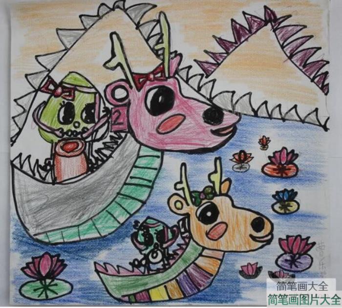 端午节幼儿画作品之划龙舟撒粽子  第1张