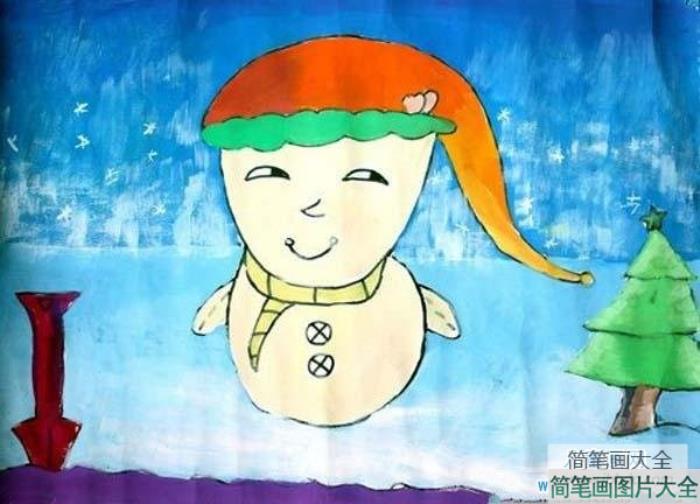 幼儿关于雪人儿童画图片：戴圣诞帽的雪人