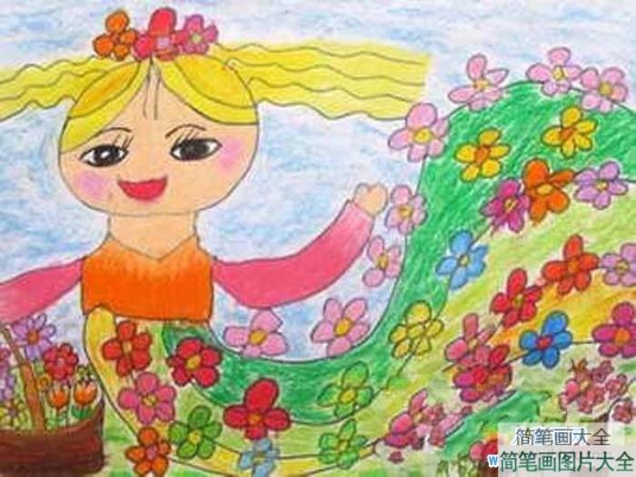 幼儿园大班春天儿童画：美丽的春姑娘