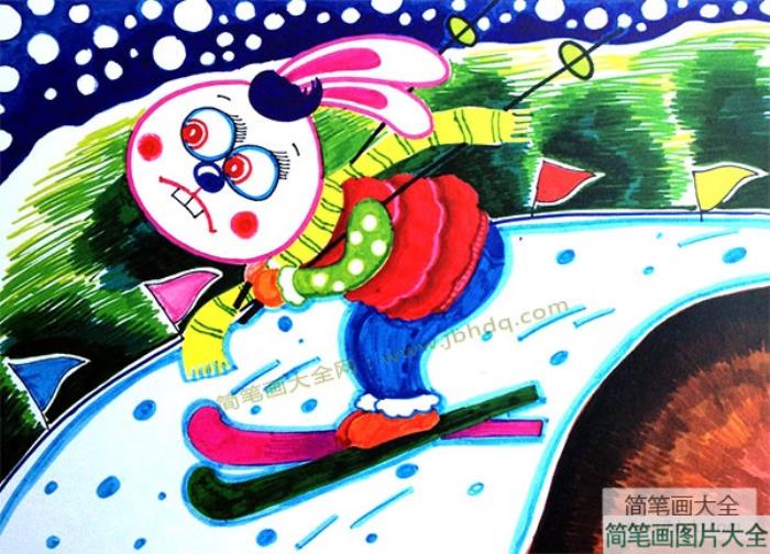 儿童动物水彩画_小兔滑雪  第5张