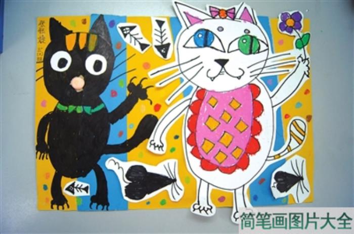 剪纸画：黑猫与白猫  第1张