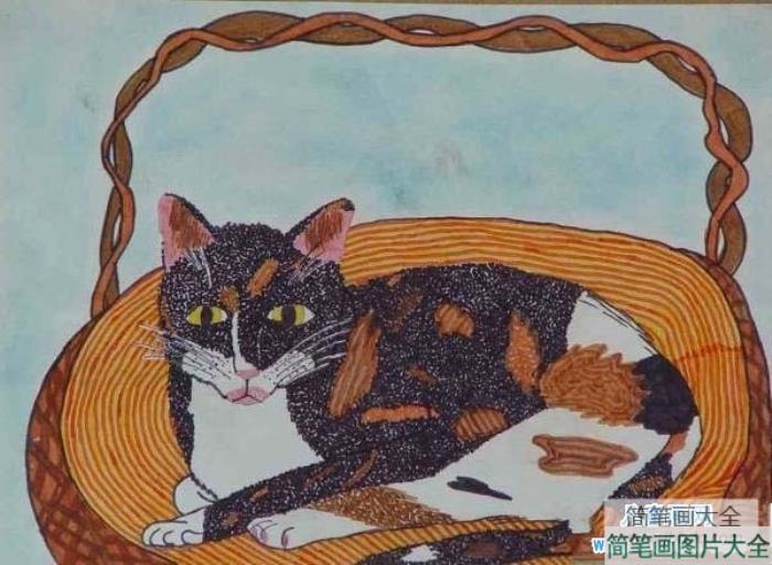 猫儿童画优秀教师范画作品：篮子里的猫  第1张