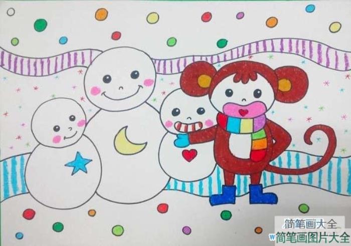 三年级小学生雪人儿童画画图片：猴子与雪人  第1张