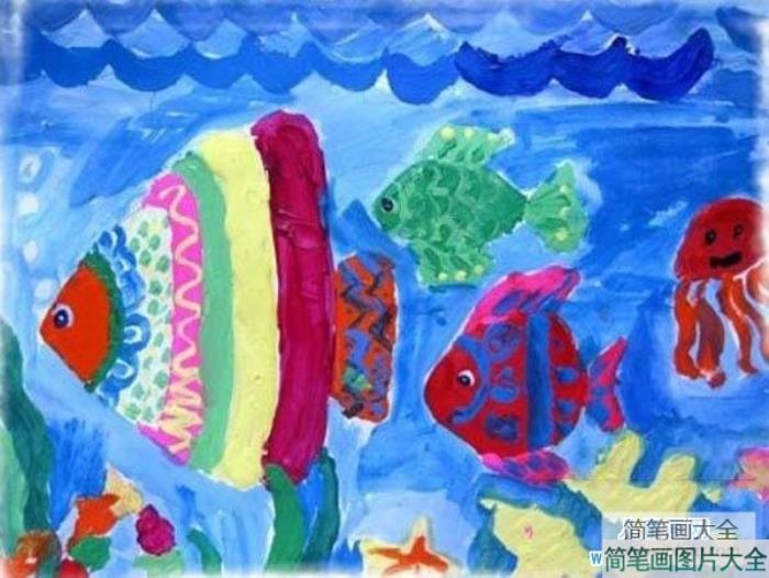 幼儿海底水粉画作品欣赏：漂亮的鱼群