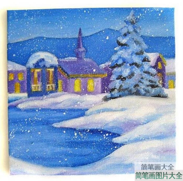 下雪的夜晚儿童画冬天的一幅画图片