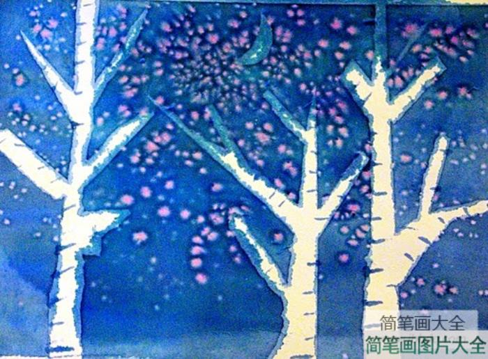 雪夜的白桦林冬天的景色儿童画图片欣赏