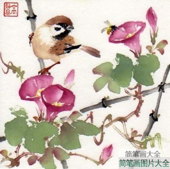 牵牛花和麻雀儿童春天国画教师范画