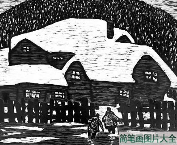 儿童画_雪山房子