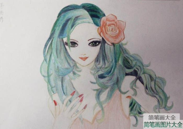 儿童画_带花的少女