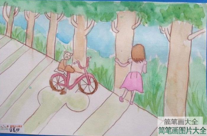 单车旅游水彩画  第1张